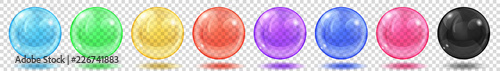Set of translucent colored spheres with glares and shadows on transparent background. Transparency only in vector format