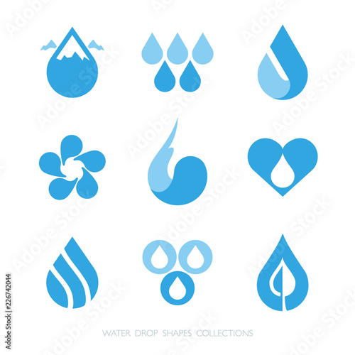 Blue water drop shapes collection. Vector icon set at 1 and 2 colors.