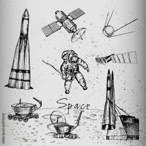 Vector illustration. Space objects : spaceman, lunar rover, ship, satellite. Pen drawn illustration.