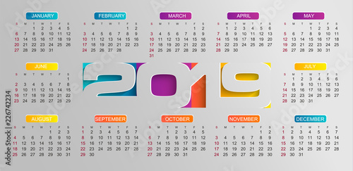 Modern calendar for 2019 year. Holiday event planner. Week Starts Sunday. Vector illustration.