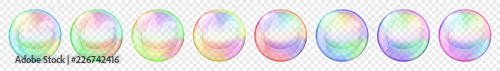 Set of translucent colored soap bubbles on transparent background. Transparency only in vector format