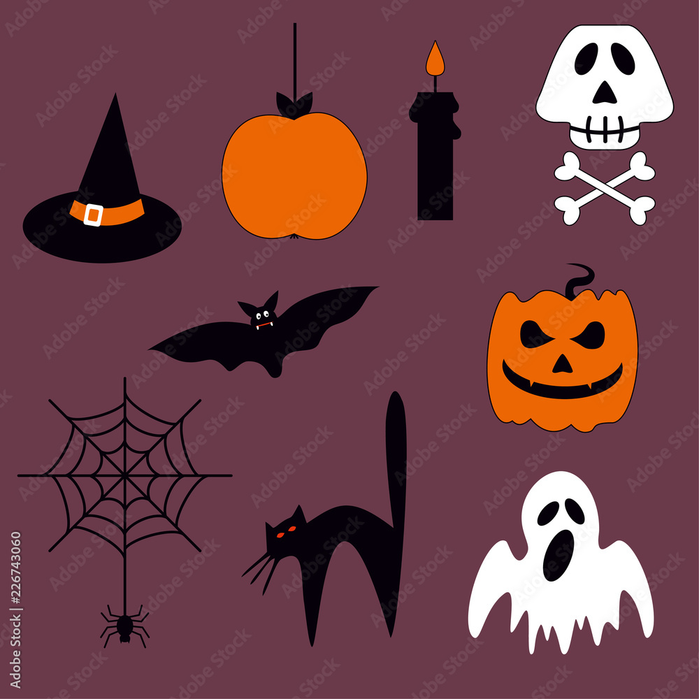 Halloween vector set of icons and symbols. Scary background cartoon doodle. Vector isolated illustrations. 