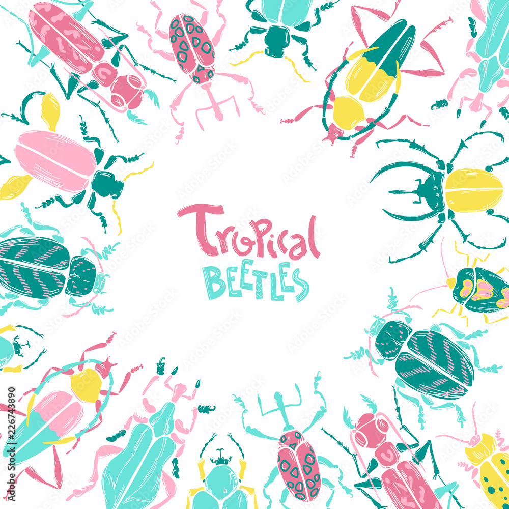 Vector doodle frame with big decorative tropic bugs. Bright beet