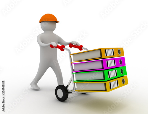 3d worker pushing a hand truck with files