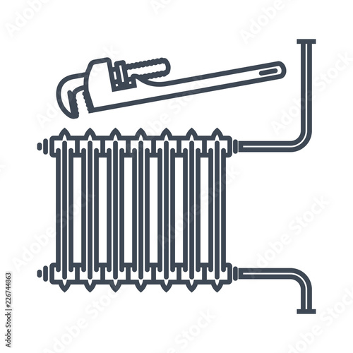 thin line icon central heating battery, radiator, pipe wrench