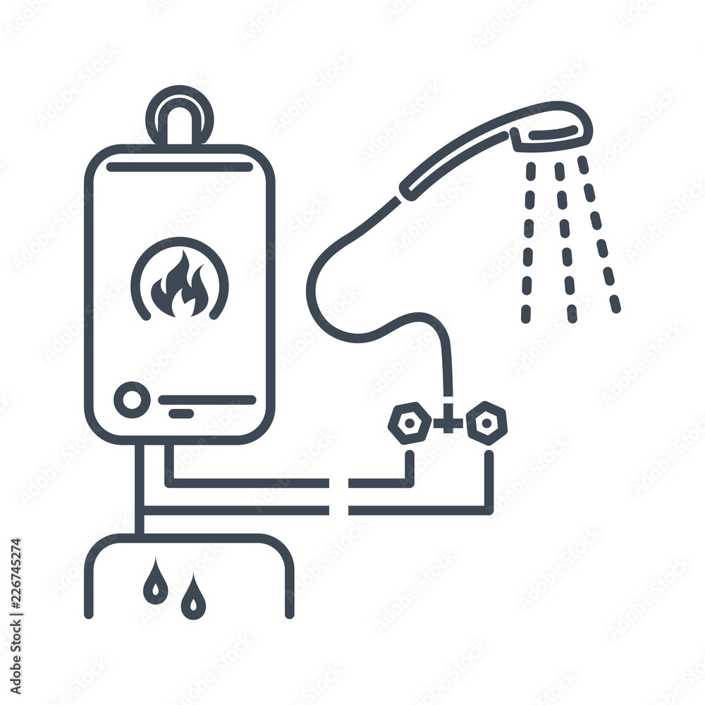 thin line icon bathroom, shower faucet, heating boiler thin line icon bathroom, shower faucet, heating boiler