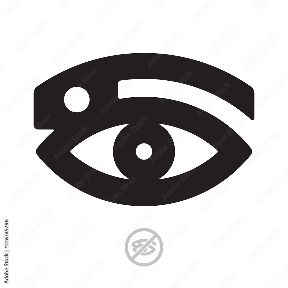 Icon and restriction sign with computer glasses and eye. Vector icon.
