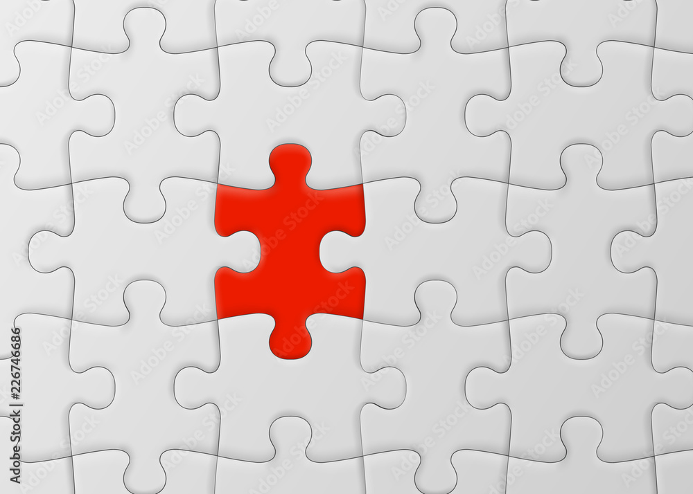White jigsaw puzzle with unique red piece. One of many concept. Vector illustration White jigsaw puzzle with unique red piece. One of many concept. Vector illustration