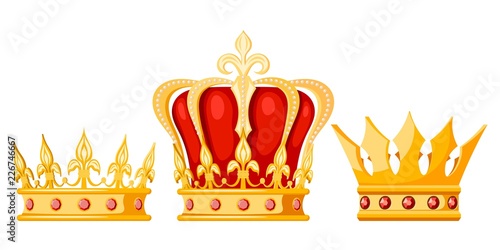 Set of golden crown monarchs on a white background. Isolated regalia of the king, queen, princess, prince. Subjects of coronation and power. Vector illustration