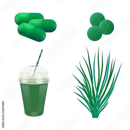 Seaweed green, pills and drink on a white background. Medicinal food additive spirulina. Cartoon style. Medication. Vector illustration