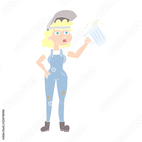 flat color illustration of a cartoon hard working woman with beer