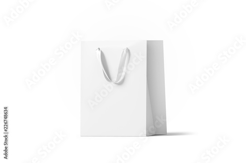 Blank white paper gift bag with silk handle mockup, isolated, 3d rendering. Empty shopping plastic pack mock up. Clear beautiful package template. Carry craft bagful for for present, side view. photo