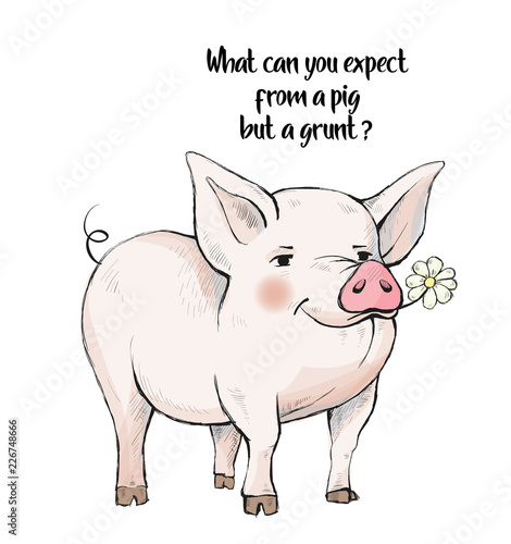 Proverbs and sayings. What can you expect from a pig but a grunt A pig standing on a green grass. Cute funny animal eating chamomile flower. Hand-drawn. Cartoon. Watercolor style