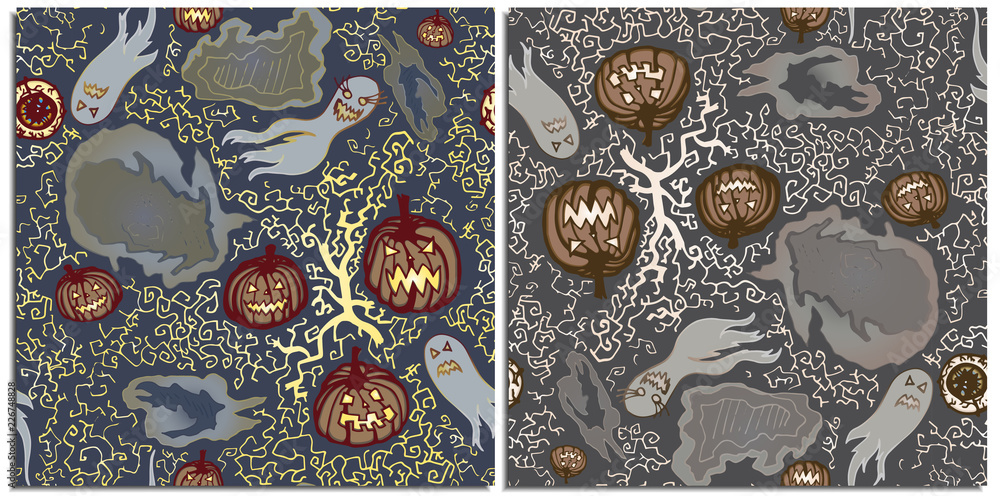 Fototapeta premium A set of seamless patterns with flying sinister and angry translucent ghosts, scary pumpkins,eyeball and dry glowing branches, clouds. Ghosts and pumpkins with glowing eyes inspire horror and fear.