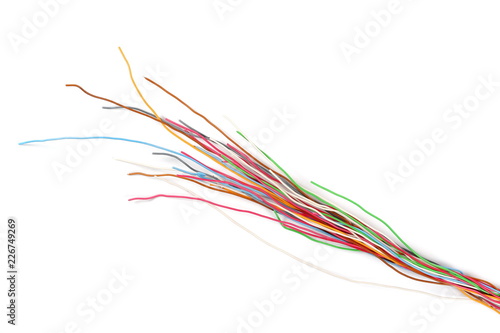Colorful wires isolated on white background, top view
