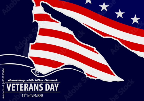 Veteran's day poster template. US Army soldiers saluting on american flag background. Vector illustration.