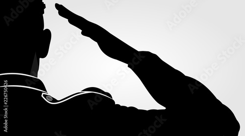 Soldier, officer saluting silhouette. Vector illustration.