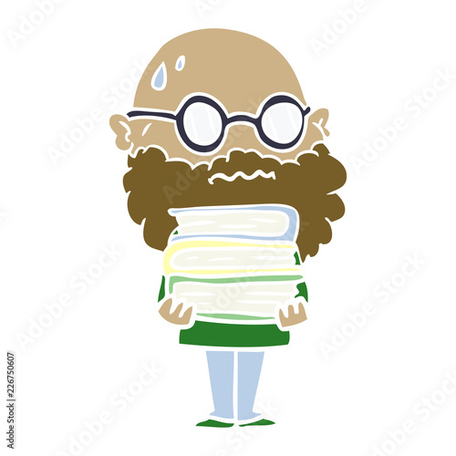 flat color style cartoon worried man with beard and stack of books