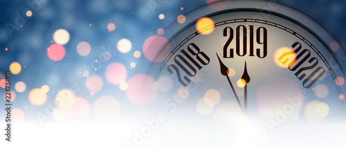 Blue blurred New Year 2019 banner with clock.