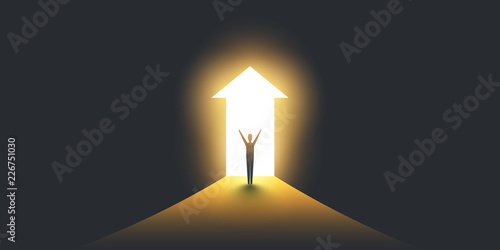 New Possibilities, Hope - Overcome Business Problems, Solution Finding, Vector Concept - Businessman Standing in Dark, Symbol of Light at the End of the Tunnel
