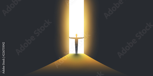 New Possibilities, Hope - Overcome Business Problems, Solution Finding, Vector Concept - Businessman Standing in Dark, Symbol of Light at the End of the Tunnel