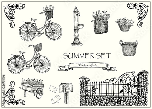 Vector illustration. Set of vector vintage objects. Pen style images.