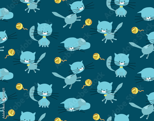Cute dark blue vector cats seamless repeatable teal and navy pattern