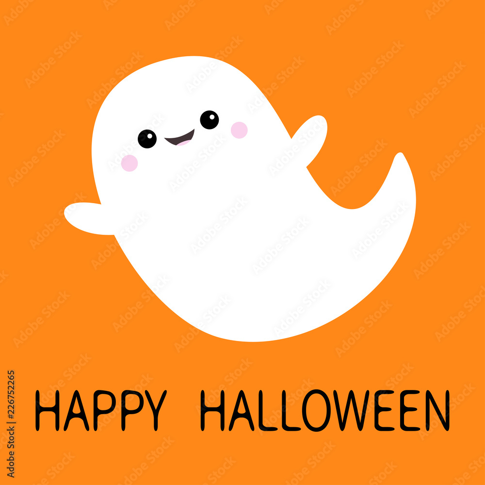 Happy Halloween. Flying ghost spirit. Boo. Scary white ghosts. Cute cartoon spooky character. Smiling face, hands. Orange background Greeting card. Flat design. Happy Halloween. Flying ghost spirit. Boo. Scary white ghosts. Cute cartoon spooky character. Smiling face, hands. Orange background Greeting card. Flat design.