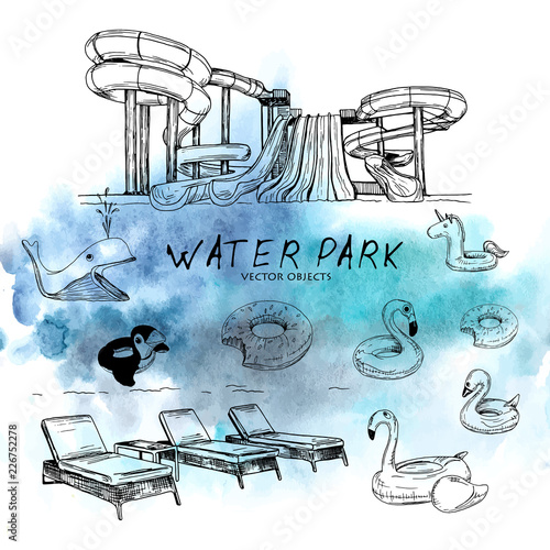 Vector illustration. Vector objects on water park theme. Watercolor style background on back.