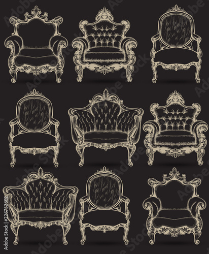 Baroque armchair set. Vector French Luxury rich intricate structure. Victorian Royal Style decor with luxurious ornaments dark backgrounds