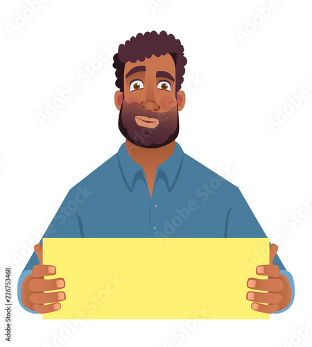 African man holding blank card