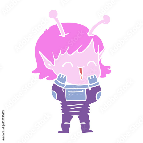 flat color style cartoon alien girl giggling