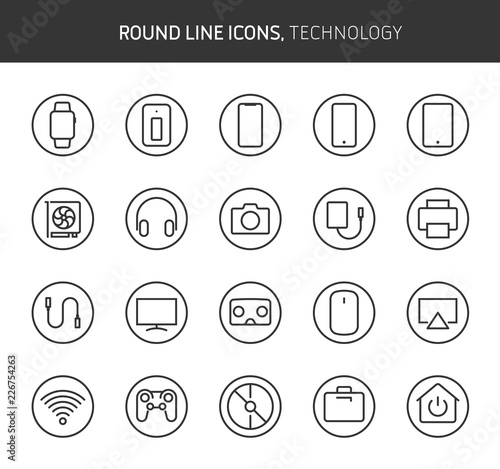 Technology theme, round line icons