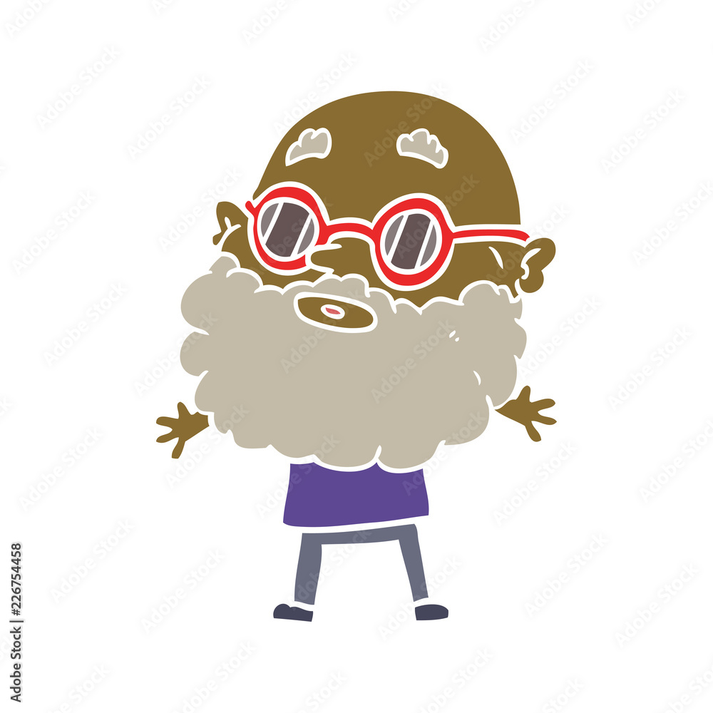 flat color style cartoon curious man with beard and sunglasses
