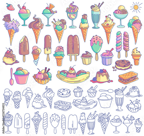 Ice cream vector set. Snow cone, icecream sandwich, banana split, milkshake, sorbet, sundae, gelato, frozen yogurt, scoop. Cartoon style illustration isolated on background