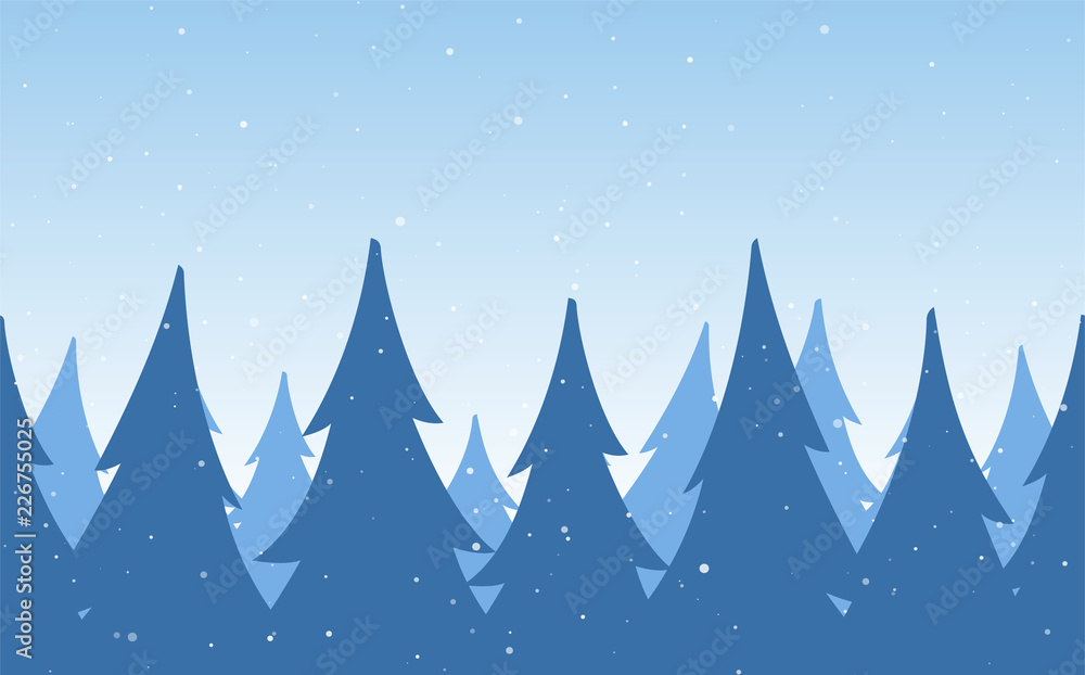 Vector illustration: Seamless background. Template of Christmas greeting card with winter snowy pine forest