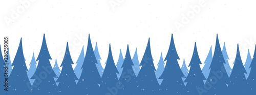 Seamless background. Template of Christmas greeting banner with winter snowy pine forest on white backdrop.