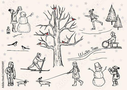 Vector illustration. Winter pen style set. Children outdoors. Winter tree with bullfinches. Snowman. Skates, sled, ski. Vacation time.