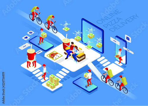 Couriers delivered hot pizza. A man on a bicycle  a boy on a gyro board. Drones delivering. Isometric 3d