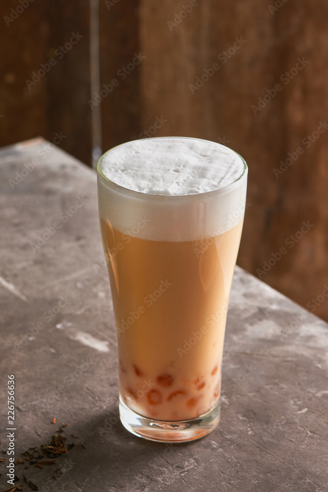 Ice cheese milk tea and bubble with chocolate cookies. Ice cheese milk tea and bubble with chocolate cookies.