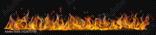 Translucent long horizontal fire flame with smoke on transparent background. For used on dark backgrounds. Transparency only in vector format