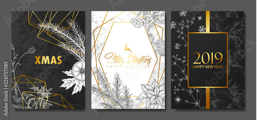 2019 Merry Christmas and Happy New Year Luxury cards collection with marble texture,Golden geometric shape and hand-drawn winter plants .Vector trendy background.