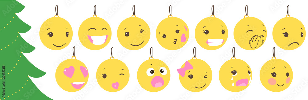 Set of christmas yellow balls with cute face. Emoticons on bubble toys. Vector for decoration holiday xmas tree. Element of design Happy New Year sale banner, flyer, poster, background. Fun childlike Set of christmas yellow balls with cute face. Emoticons on bubble toys. Vector for decoration holiday xmas tree. Element of design Happy New Year sale banner, flyer, poster, background. Fun childlike