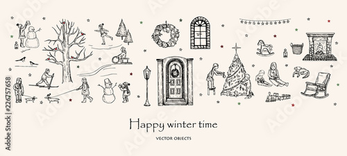 Vector illustration. Winter pen style set. Children outdoors and at home. Decor elements. Winter tree with bullfinches. Snowman. Skates, sled, ski. Vacation time. Vector sketch.