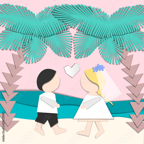 The illustration of the wedding on the beach. Seascape with palms and newlyweds. Paper cut design