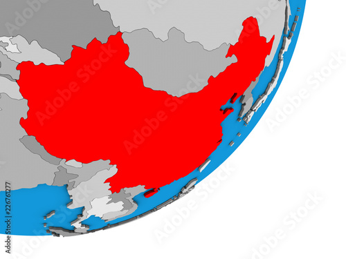 China on blue political 3D globe.