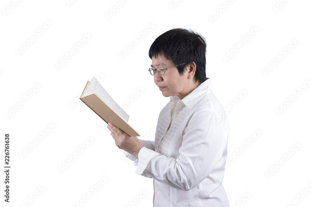 Asian Middle-aged woman in white shirt wearing eyeglasses having vision problems in reading isolated on white background , eyesight concept Asian Middle-aged woman in white shirt wearing eyeglasses having vision problems in reading isolated on white background , eyesight concept