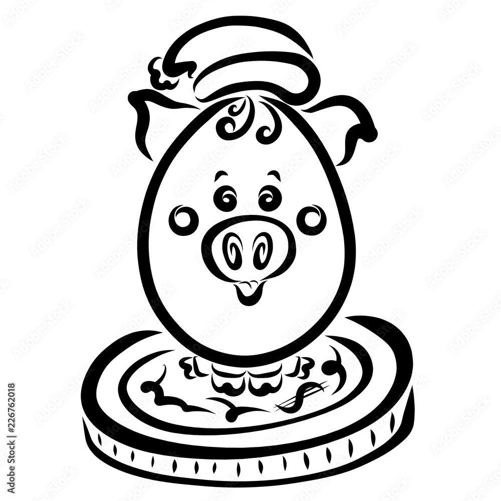Obraz premium Piglet in the shape of an egg in a hat sits on a large coin