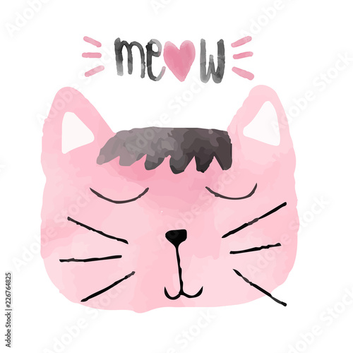 watercolor pink funny cat close eyes, idea for card