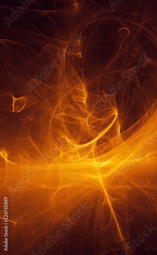 Abstract gold orange light and laser beams, fractals and glowing shapes multicolored art background texture for imagination, creativity and design.